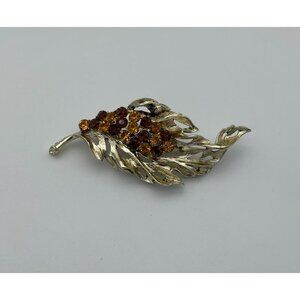 Vintage Autumn Leaf 3 in Brooch Amber & Brown Rhinestones Elegant Fall Fashion